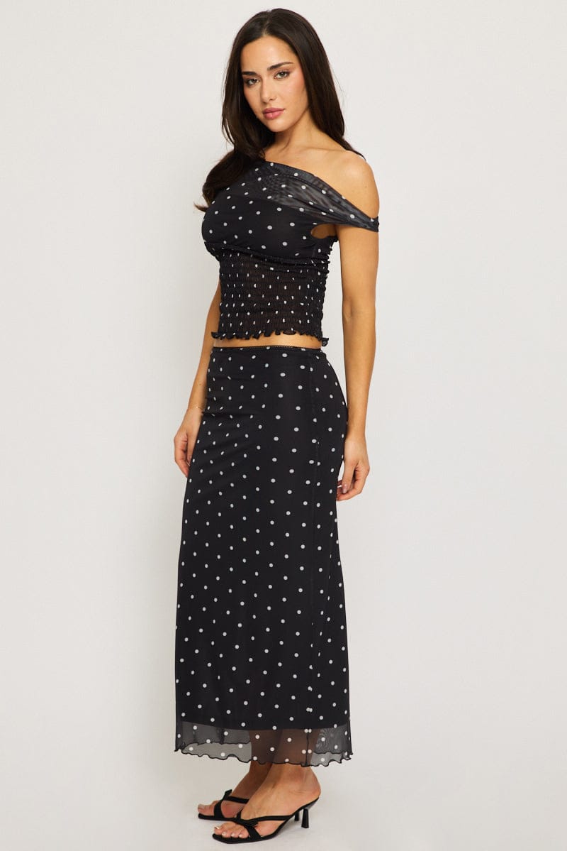 Black Polka Dot Mesh Skirt Elasticated Picot Trim Midaxi for Ally Fashion