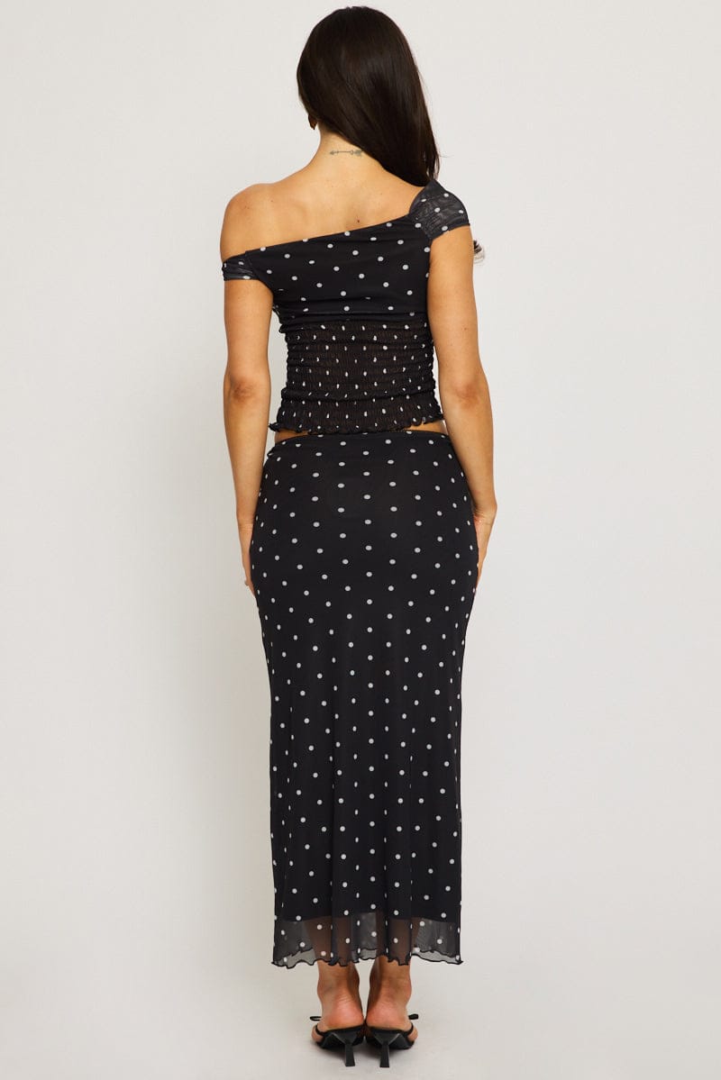 Black Polka Dot Mesh Skirt Elasticated Picot Trim Midaxi | Ally Fashion