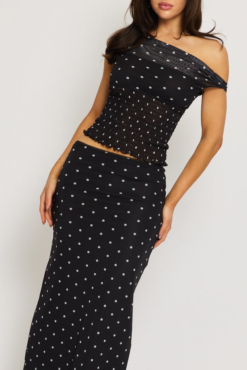 Black Polka Dot Mesh Skirt Elasticated Picot Trim Midaxi | Ally Fashion