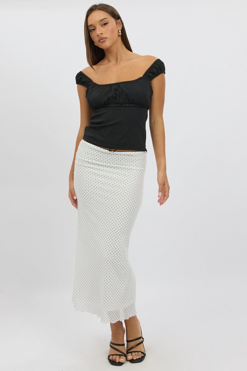 White Polka Dot Mesh Skirt Elasticated Picot Trim Midaxi | Ally Fashion
