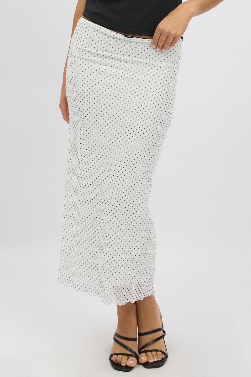 White Polka Dot Mesh Skirt Elasticated Picot Trim Midaxi | Ally Fashion