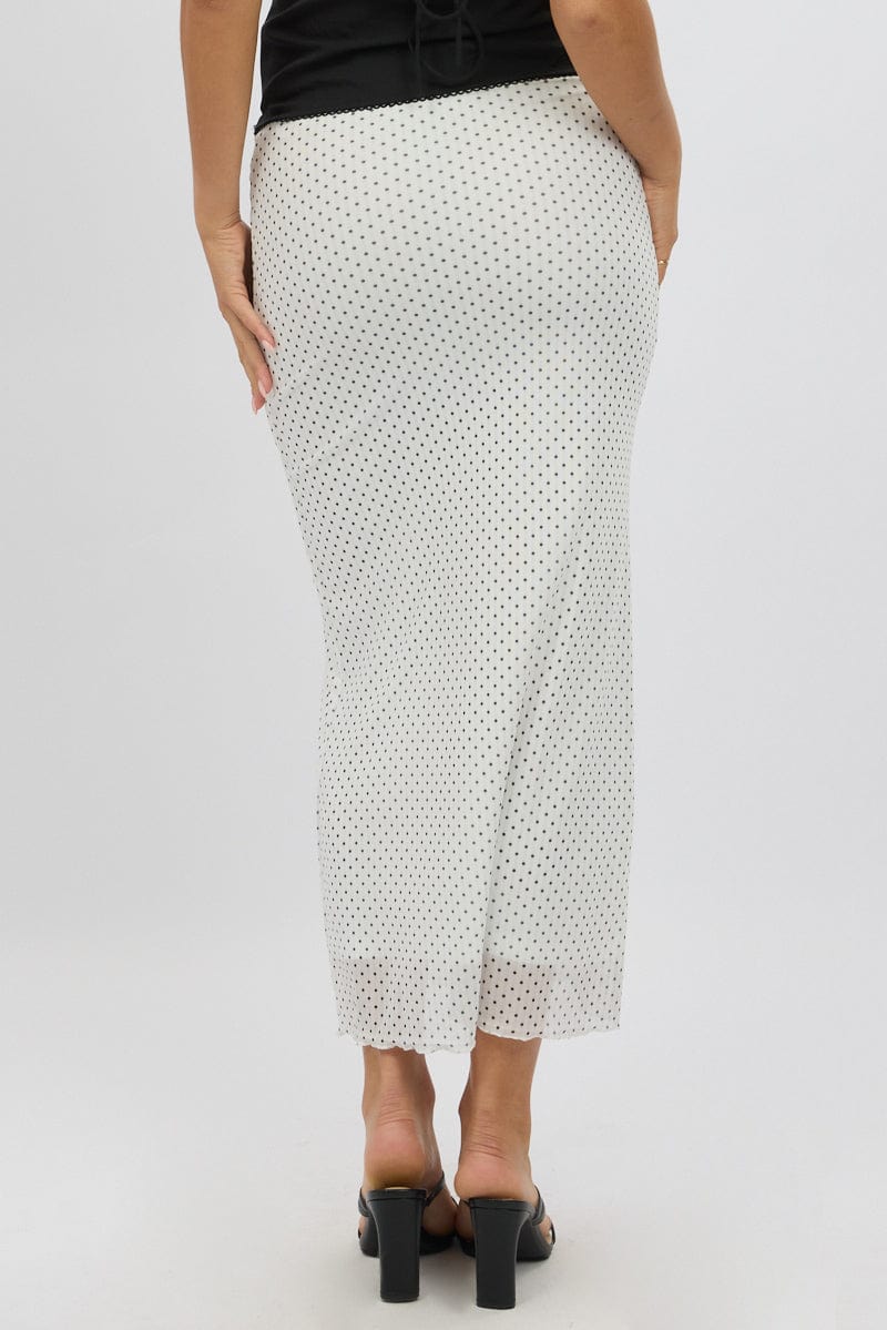 White Polka Dot Mesh Skirt Elasticated Picot Trim Midaxi | Ally Fashion