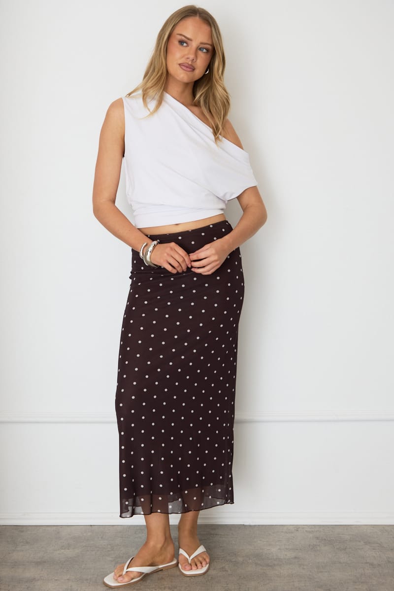 Brown Polka Dot Mesh Skirt Elasticated Picot Trim Midaxi for Ally Fashion