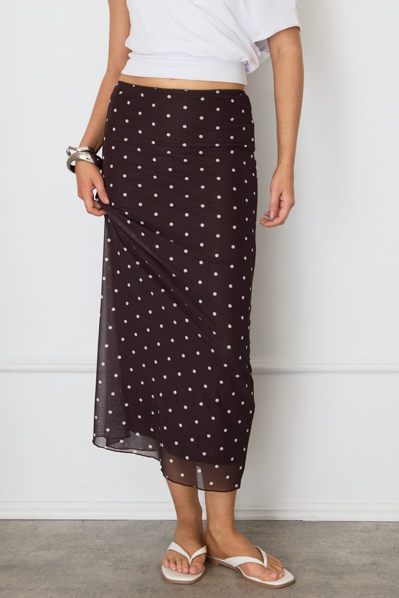 Brown Polka Dot Mesh Skirt Elasticated Picot Trim Midaxi for Ally Fashion