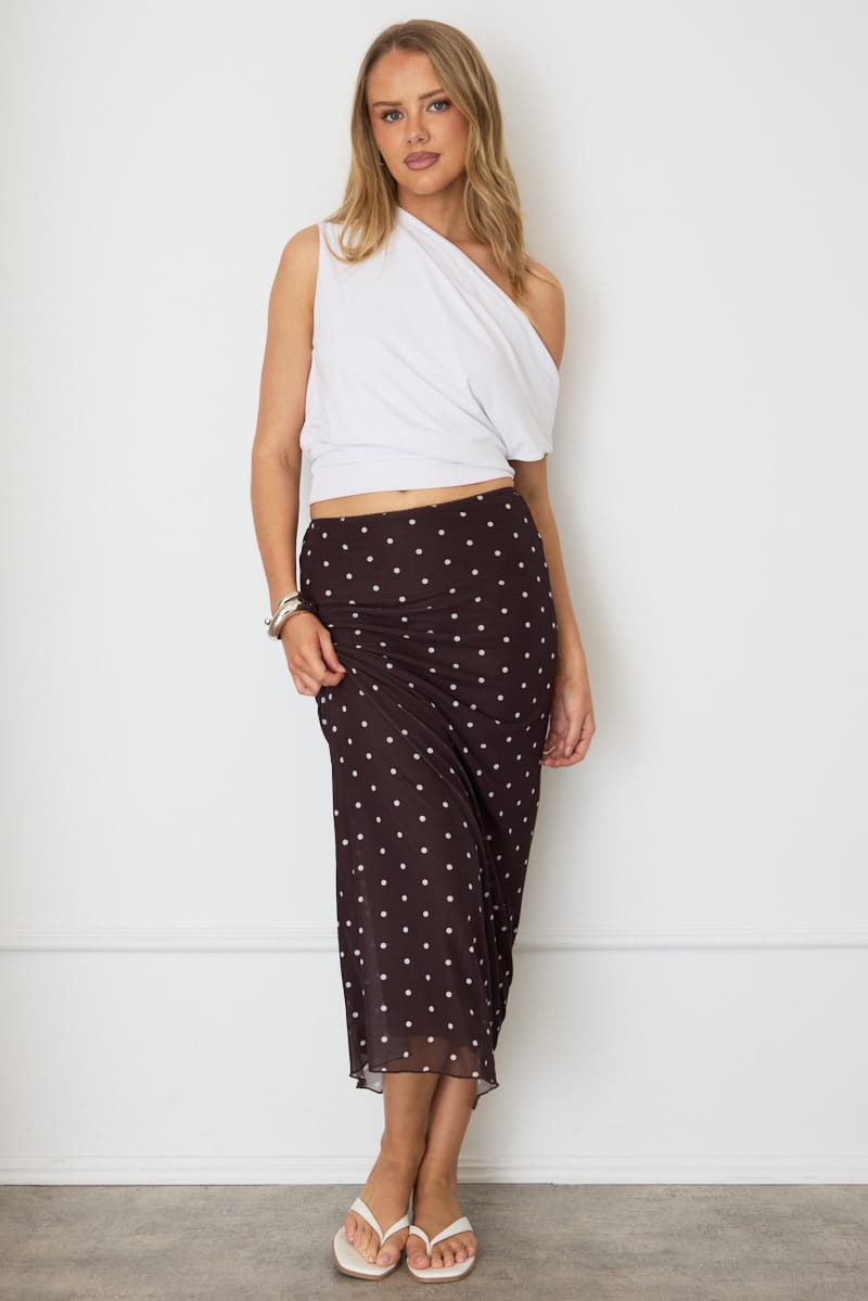 Brown Polka Dot Mesh Skirt Elasticated Picot Trim Midaxi for Ally Fashion