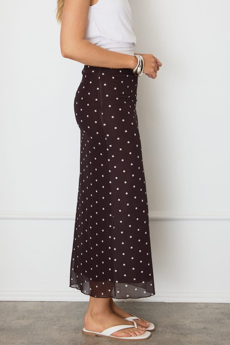 Brown Polka Dot Mesh Skirt Elasticated Picot Trim Midaxi for Ally Fashion