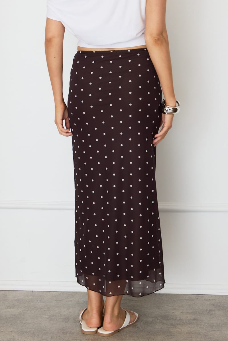 Brown Polka Dot Mesh Skirt Elasticated Picot Trim Midaxi for Ally Fashion