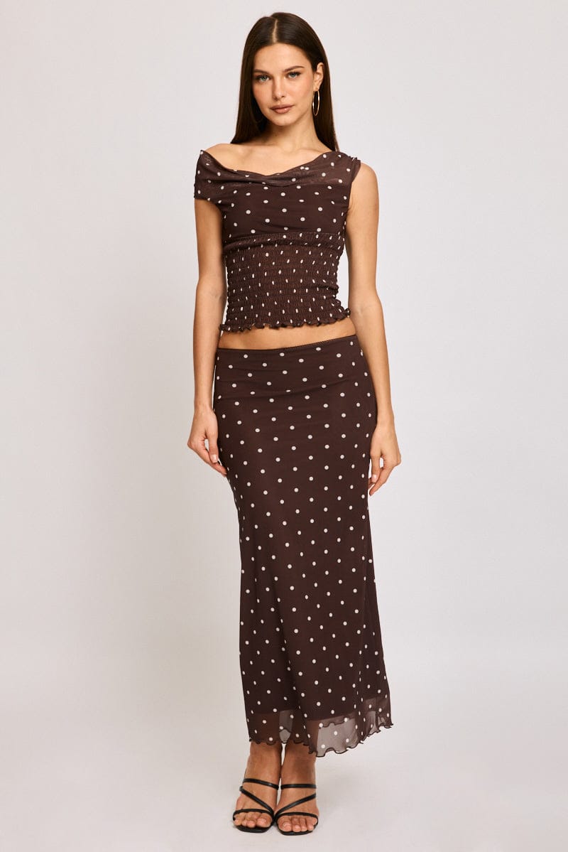 Brown Polka Dot Mesh Skirt Elasticated Picot Trim Midaxi for Ally Fashion