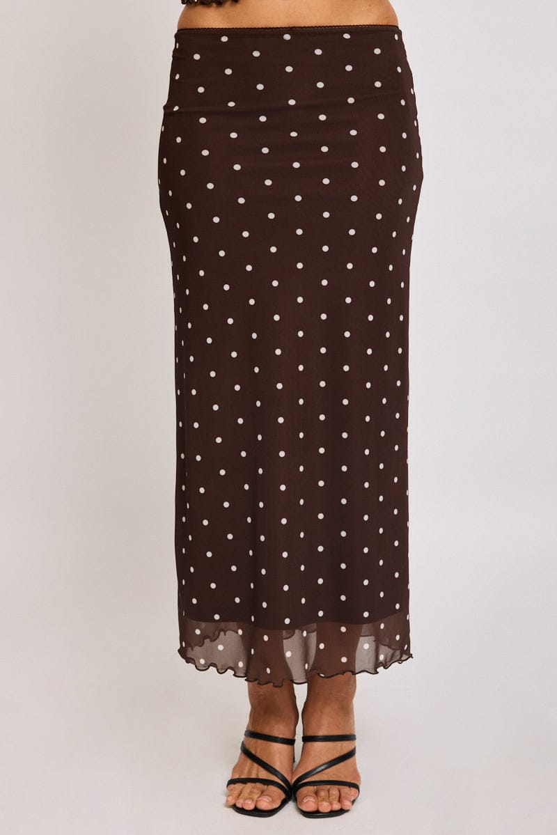 Brown Polka Dot Mesh Skirt Elasticated Picot Trim Midaxi for Ally Fashion