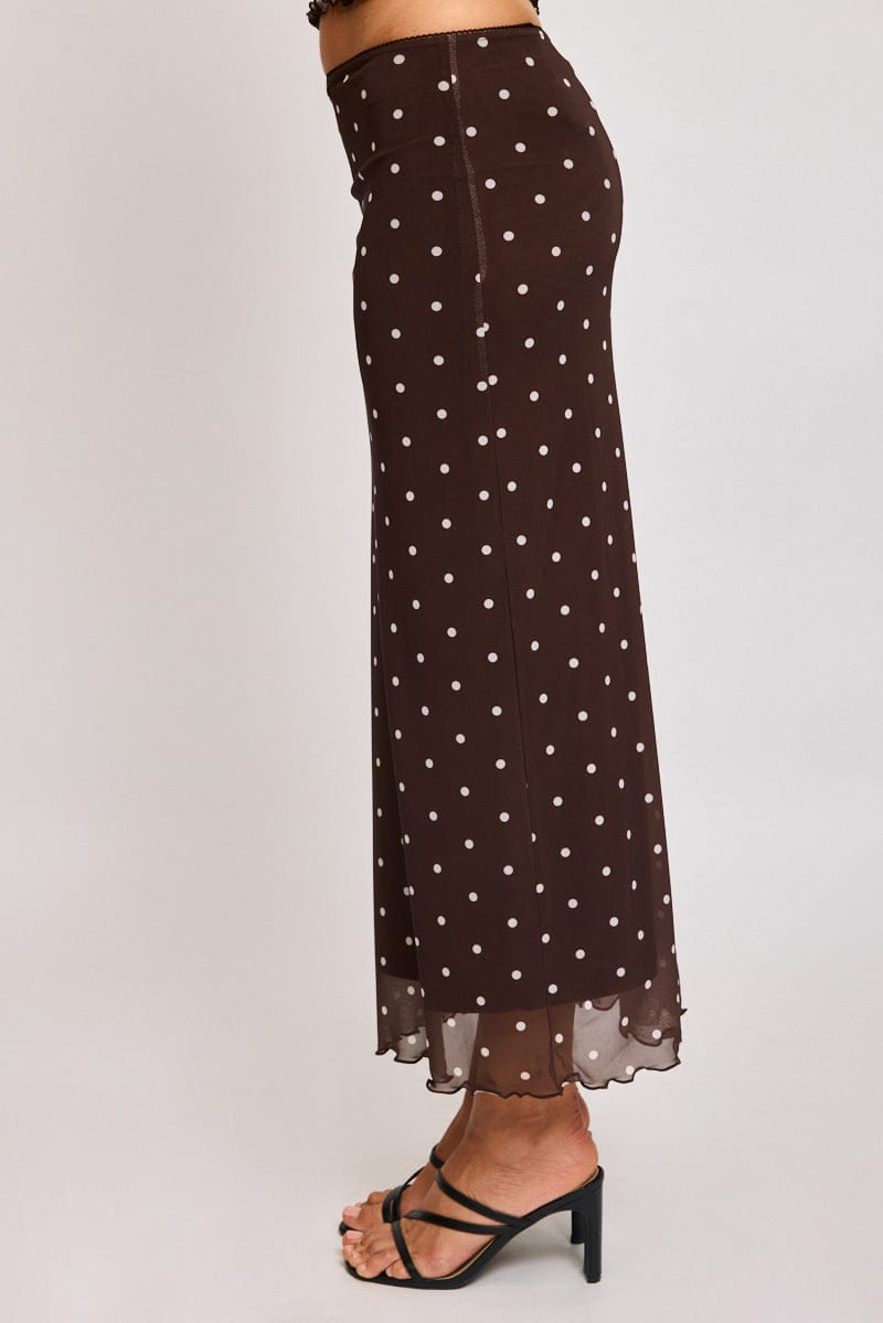 Brown Polka Dot Mesh Skirt Elasticated Picot Trim Midaxi for Ally Fashion