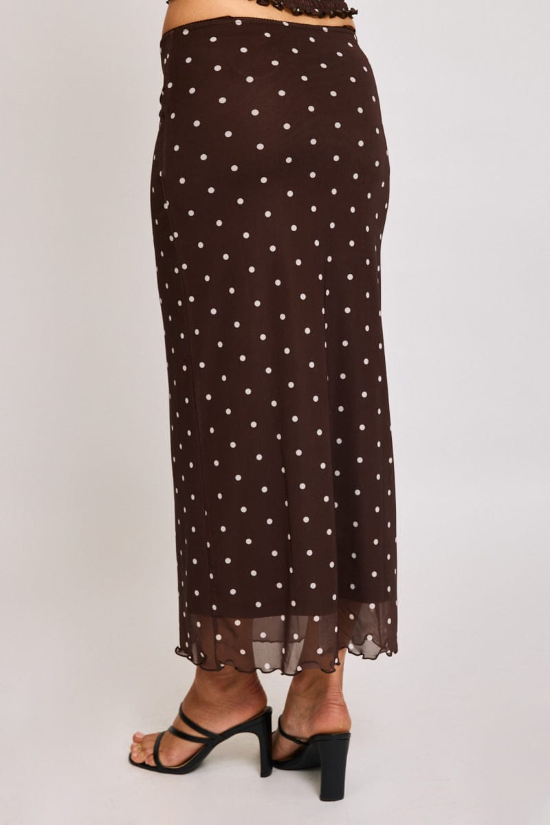 Brown Polka Dot Mesh Skirt Elasticated Picot Trim Midaxi for Ally Fashion