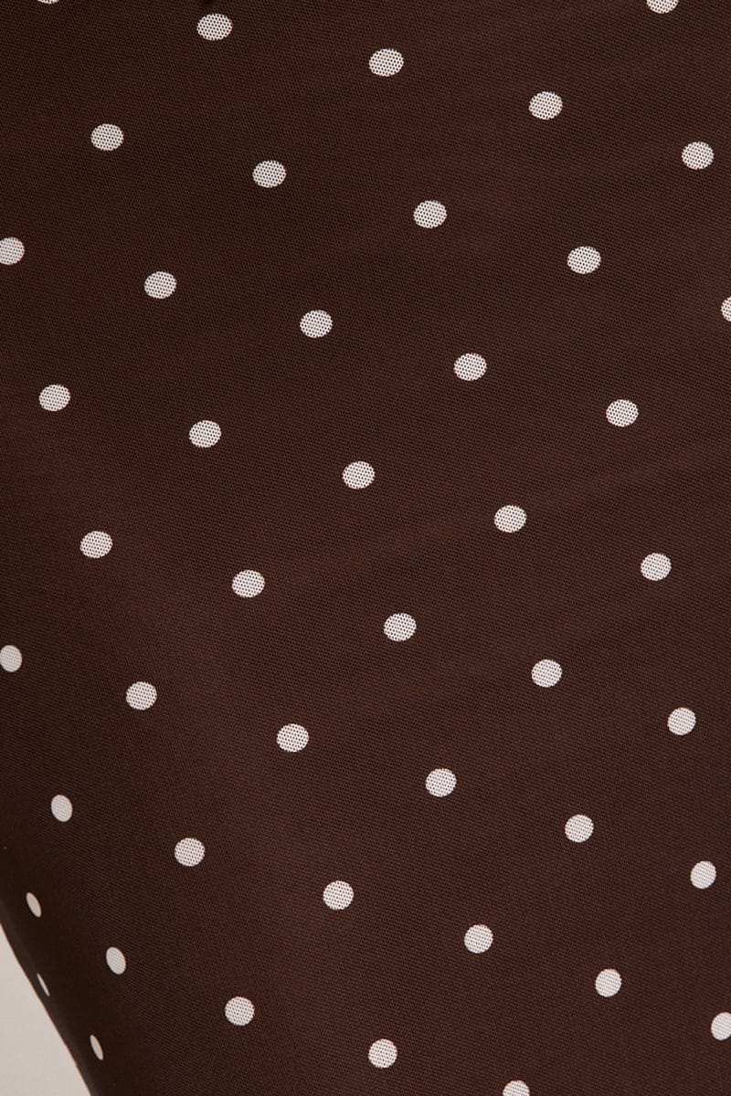 Brown Polka Dot Mesh Skirt Elasticated Picot Trim Midaxi for Ally Fashion