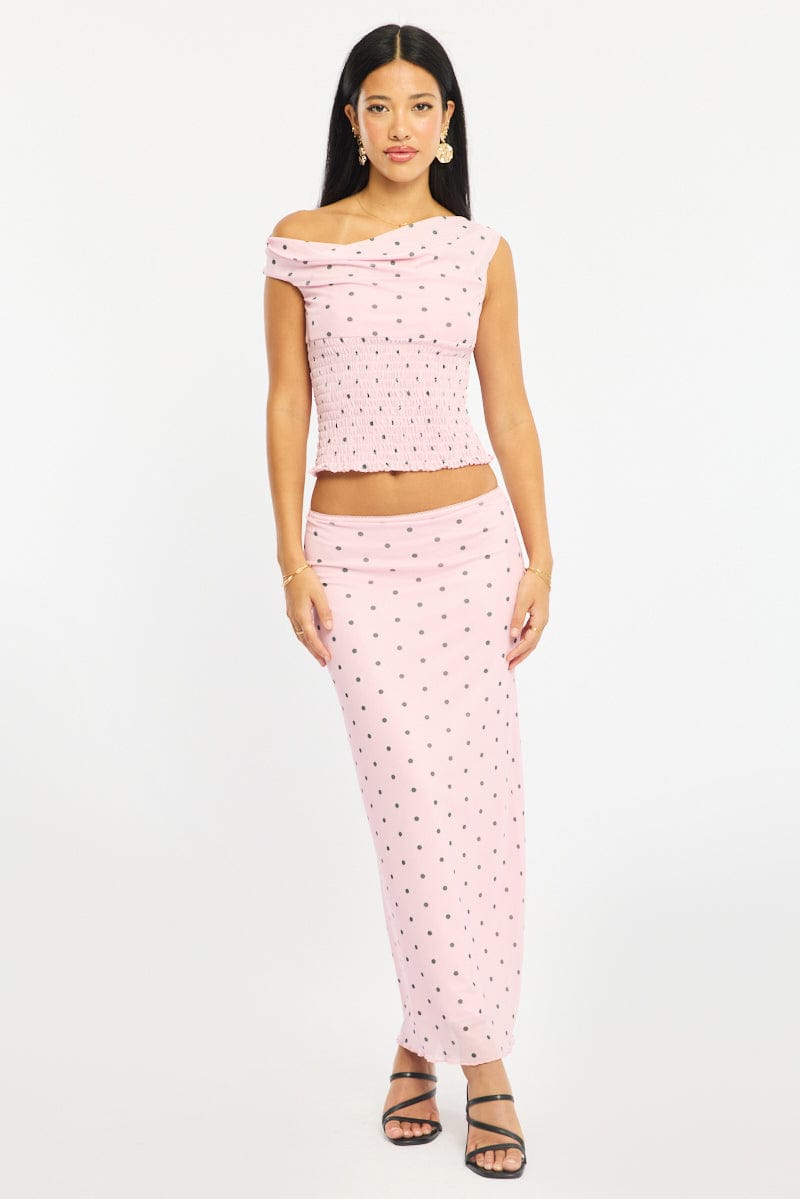 Pink Polka Dot Mesh Skirt Elasticated Picot Trim Midaxi for Ally Fashion