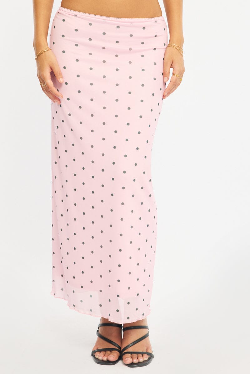 Pink Polka Dot Mesh Skirt Elasticated Picot Trim Midaxi for Ally Fashion
