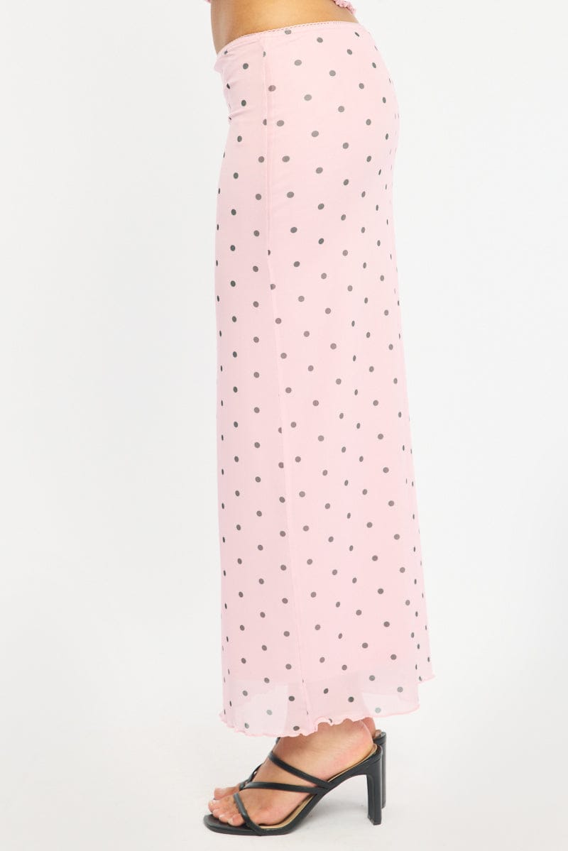 Pink Polka Dot Mesh Skirt Elasticated Picot Trim Midaxi for Ally Fashion