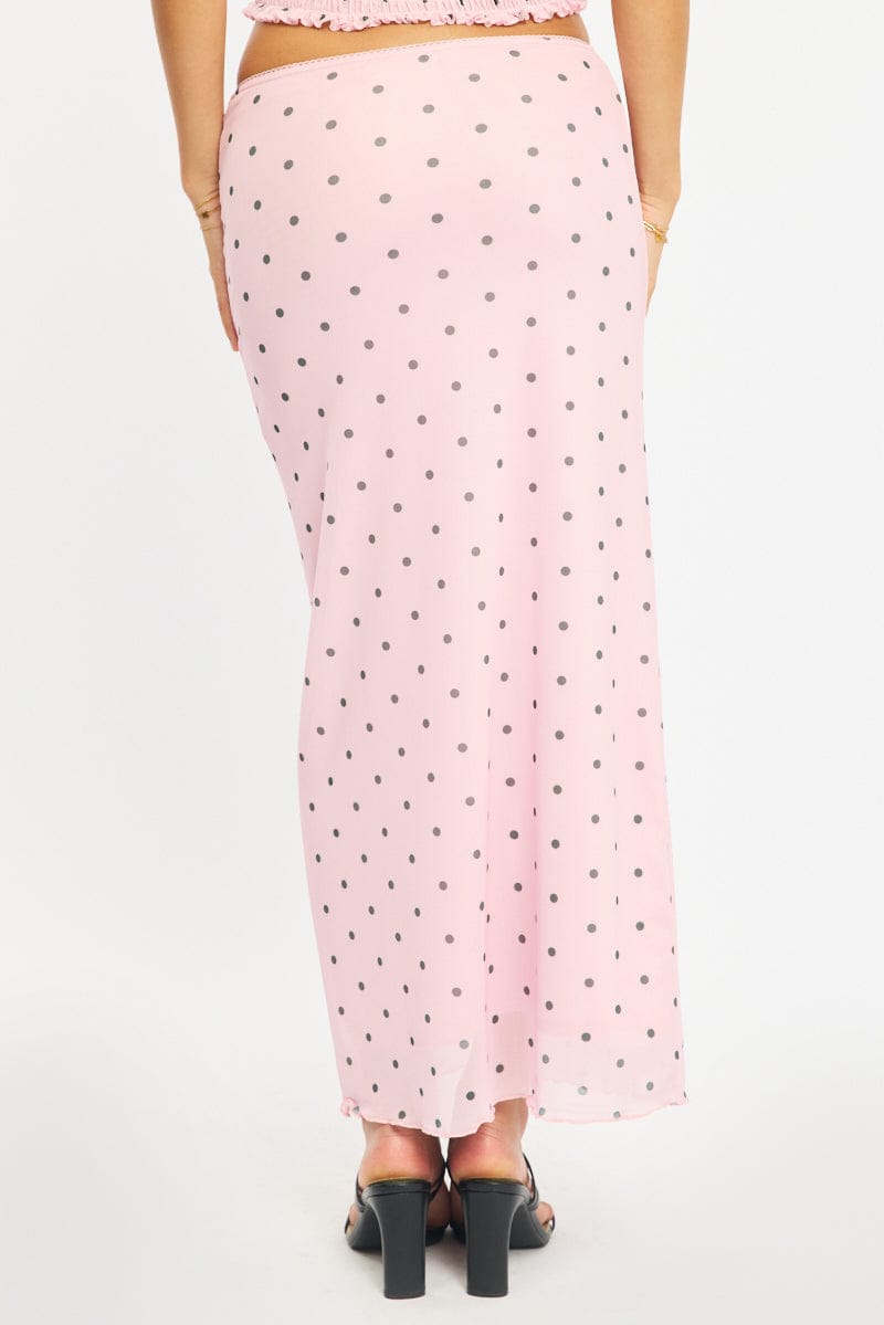 Pink Polka Dot Mesh Skirt Elasticated Picot Trim Midaxi for Ally Fashion