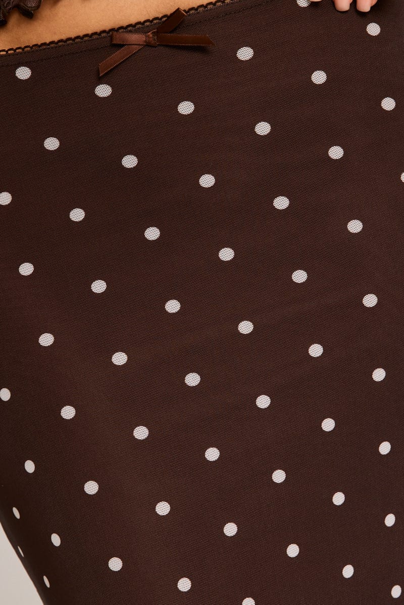Brown Polka Dot Mesh Skirt Elasticated Picot Trim Midaxi for Ally Fashion