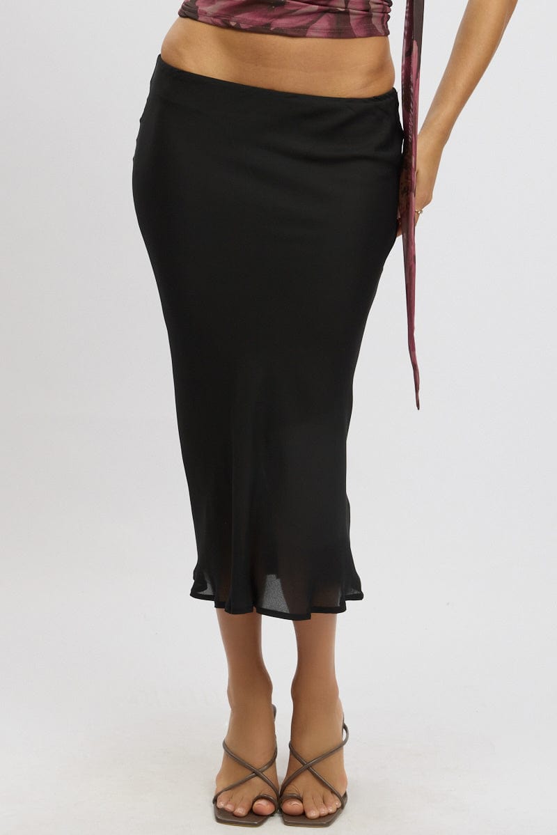 Black Slip Skirt High Rise Midi Picot Trim for Ally Fashion