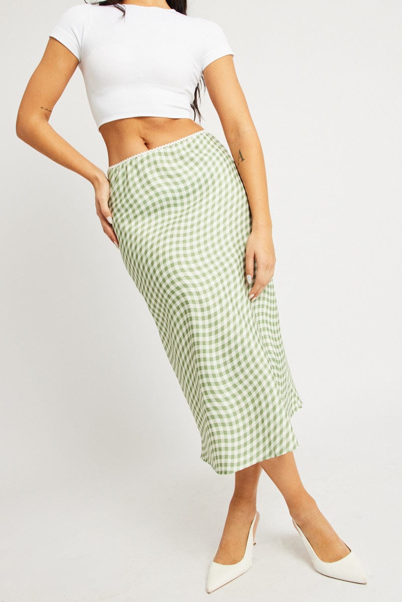 Green Check Slip Skirt High Rise Elasticated Waistband Midaxi for Ally Fashion