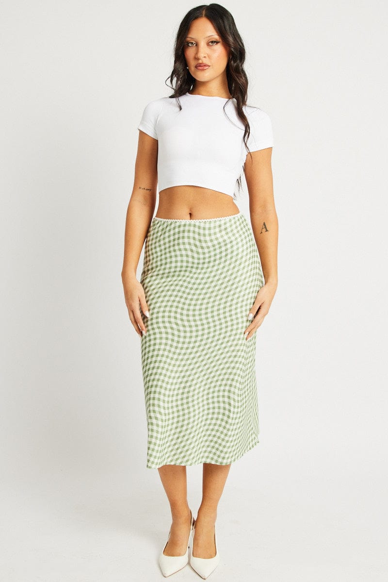 Green Check Slip Skirt High Rise Elasticated Waistband Midaxi for Ally Fashion