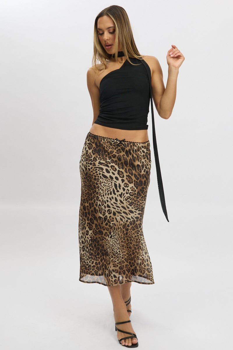 Brown Animal Print Slip Skirt High Rise Midi Picot Trim for Ally Fashion