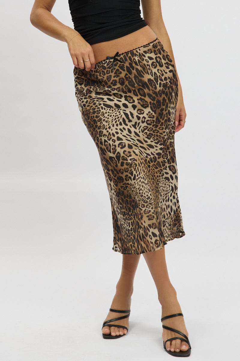 Brown Animal Print Slip Skirt High Rise Midi Picot Trim for Ally Fashion