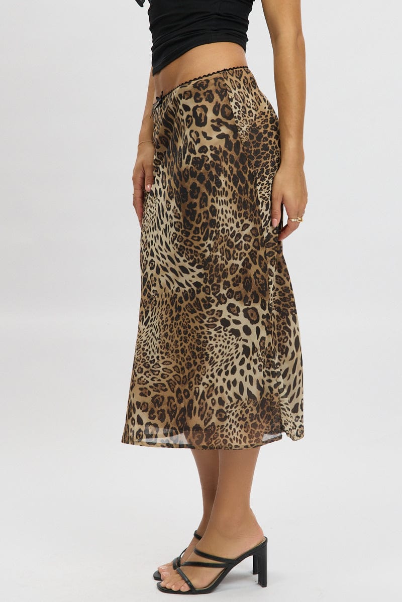 Brown Animal Print Slip Skirt High Rise Midi Picot Trim for Ally Fashion