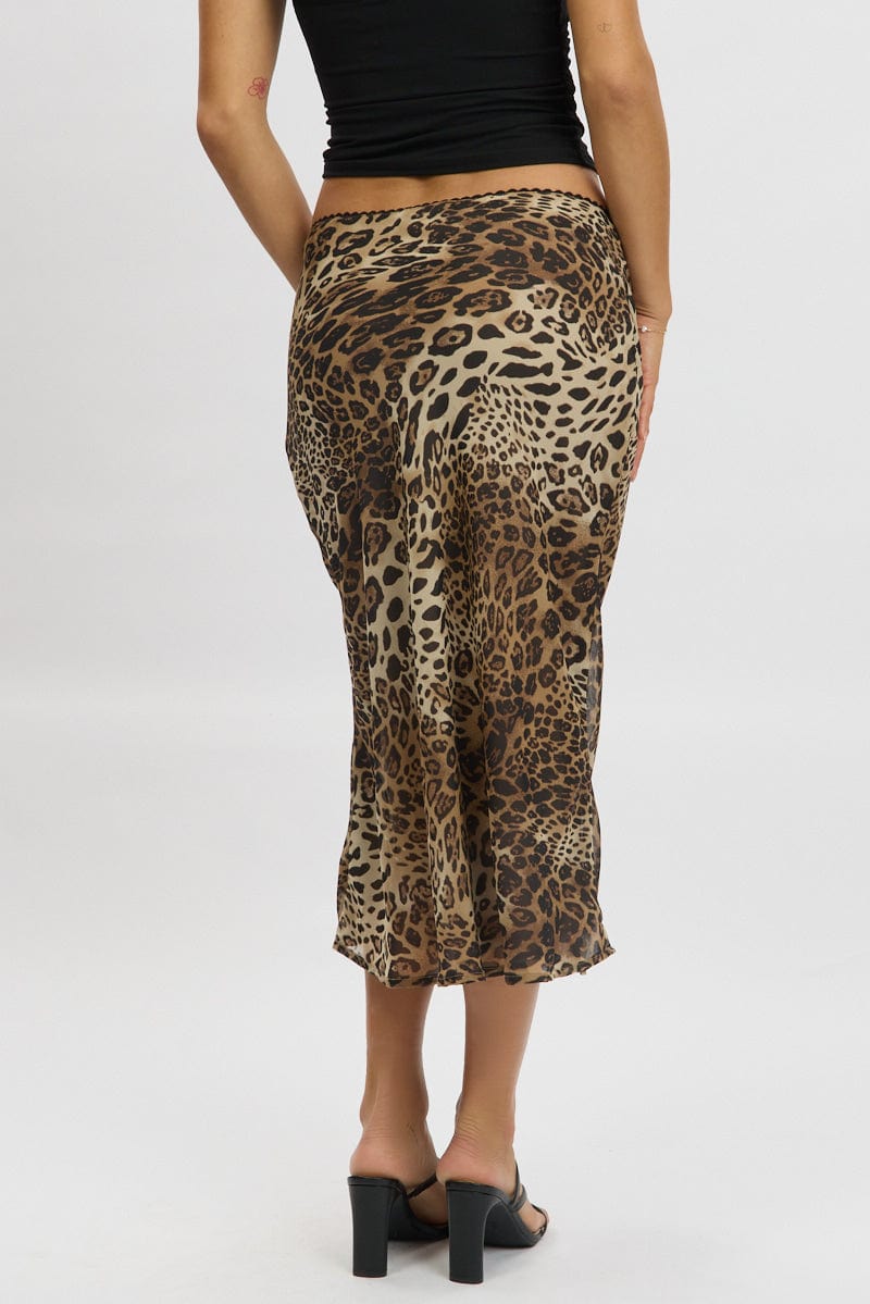 Brown Animal Print Slip Skirt High Rise Midi Picot Trim for Ally Fashion