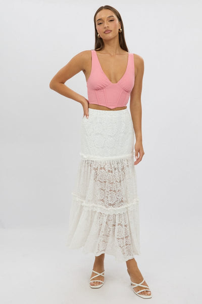 White Lace Maxi Skirt Elastic Waist Tiered Lined | Ally Fashion