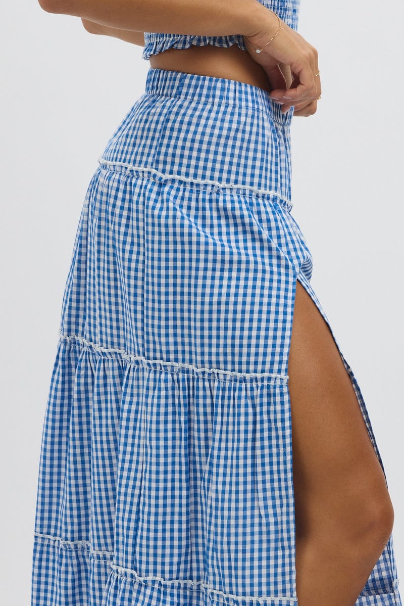 Blue Check Tiered Maxi Skirt Elastic Waist Slit Ruffle Ally Fashion
