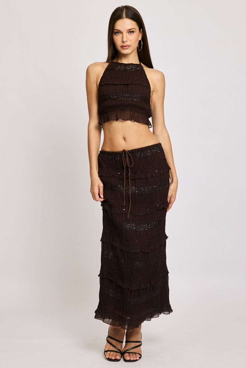Brown Maxi Skirt Elastic Waistband Ruffle Textured for Ally Fashion