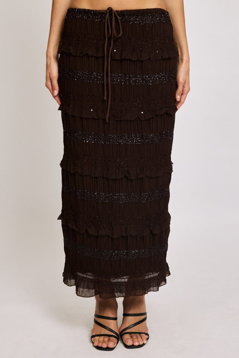 Brown Maxi Skirt Elastic Waistband Ruffle Textured for Ally Fashion