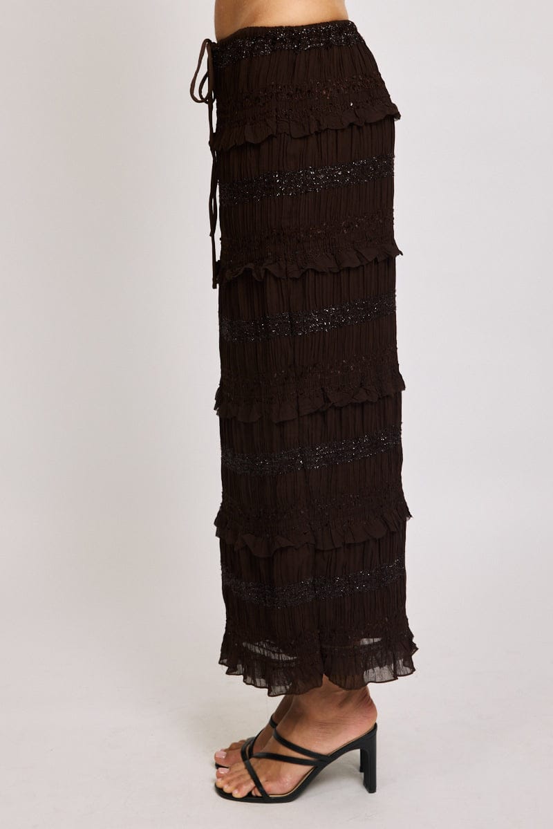 Brown Maxi Skirt Elastic Waistband Ruffle Textured for Ally Fashion