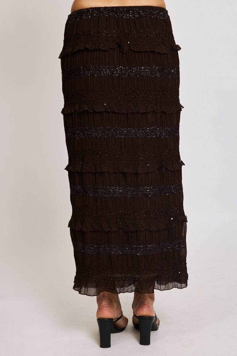 Brown Maxi Skirt Elastic Waistband Ruffle Textured for Ally Fashion