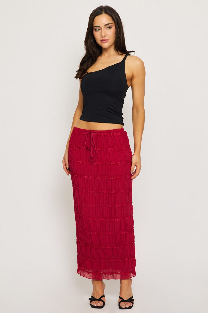 Red Textured Maxi Skirt Elastic Waist Lined for Ally Fashion