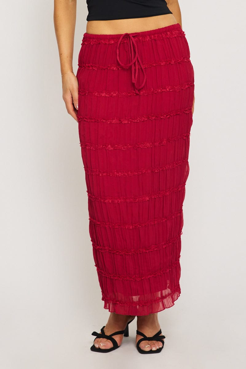 Red Textured Maxi Skirt Elastic Waist Lined for Ally Fashion