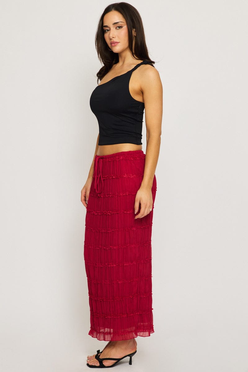 Red Textured Maxi Skirt Elastic Waist Lined for Ally Fashion