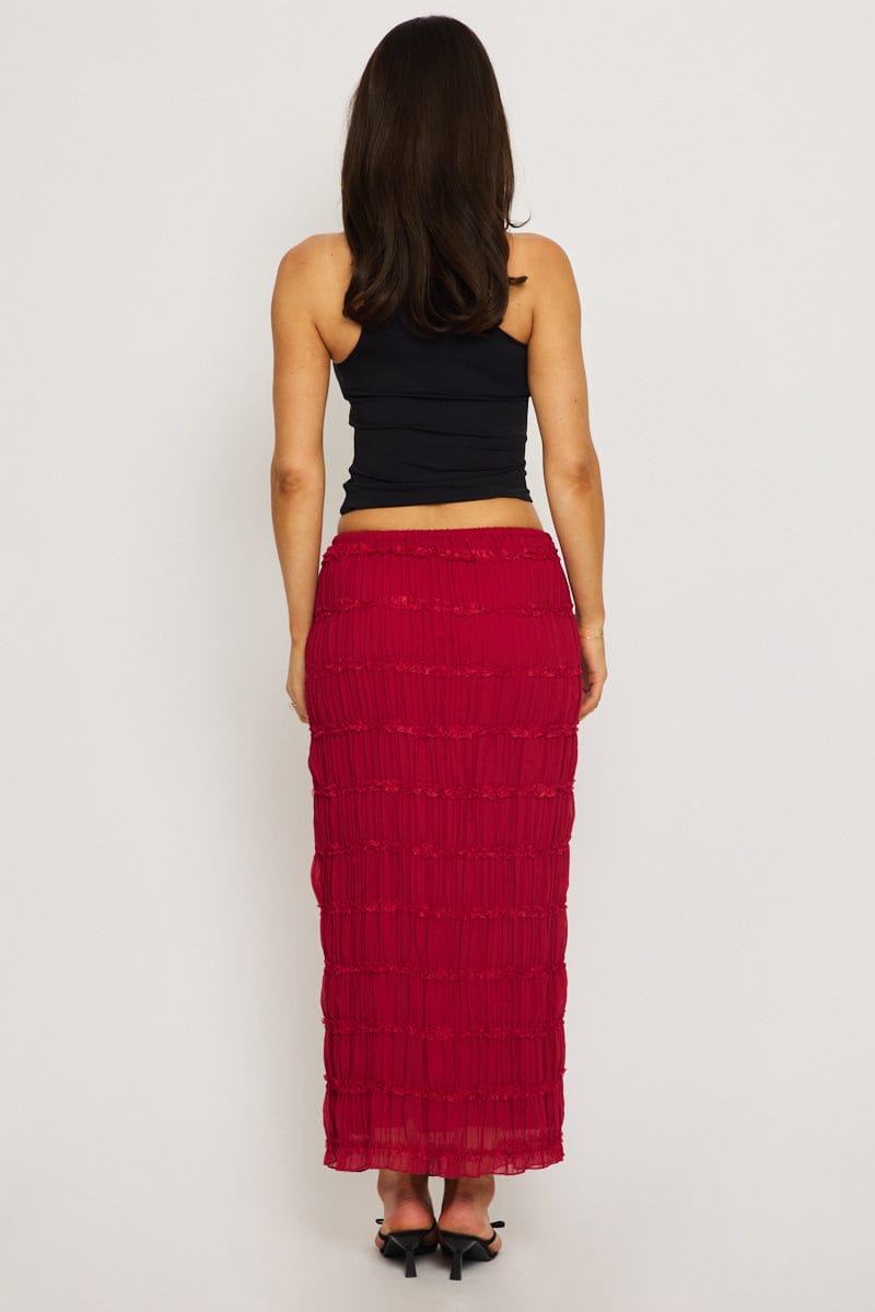 Red Textured Maxi Skirt Elastic Waist Lined for Ally Fashion