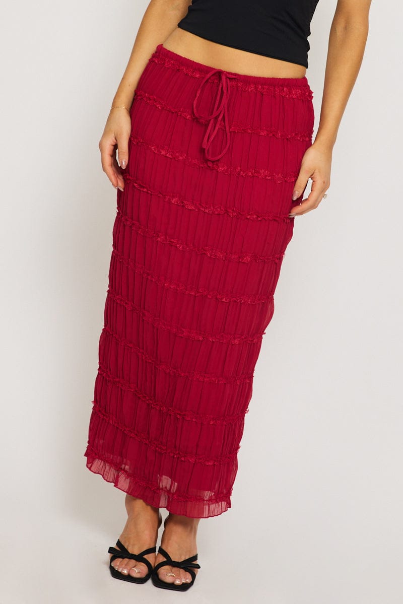 Red Textured Maxi Skirt Elastic Waist Lined for Ally Fashion
