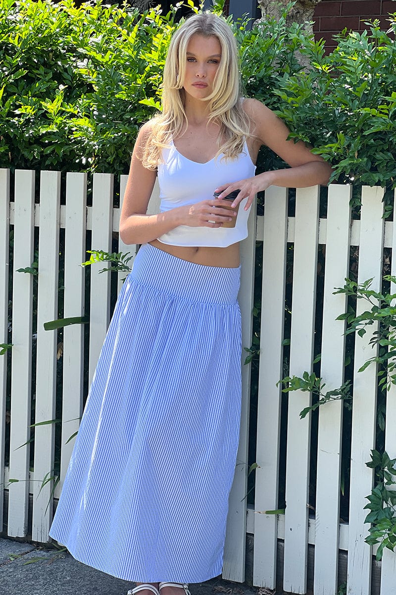 Blue Stripe Maxi Skirt Drop Waist Shirred Back for Ally Fashion