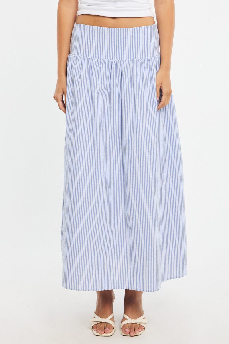 Blue Stripe Maxi Skirt Drop Waist Shirred Back for Ally Fashion