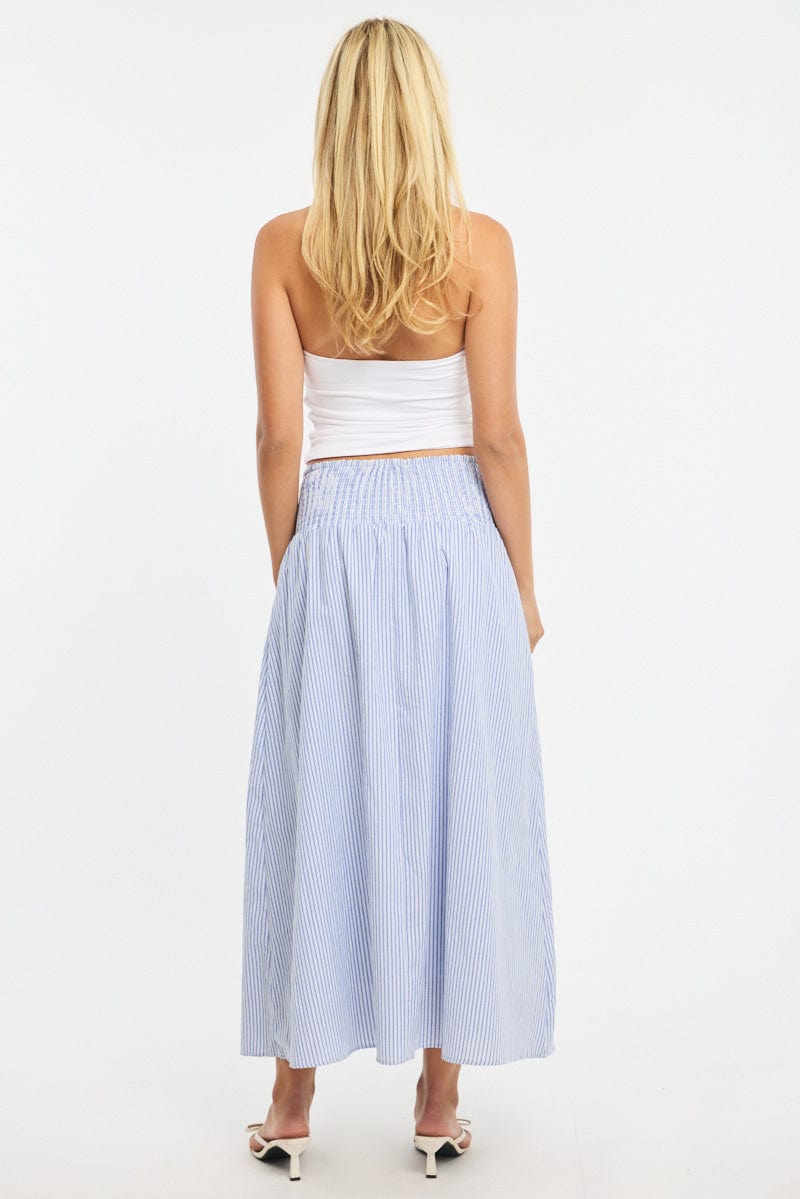 Blue Stripe Maxi Skirt Drop Waist Shirred Back for Ally Fashion
