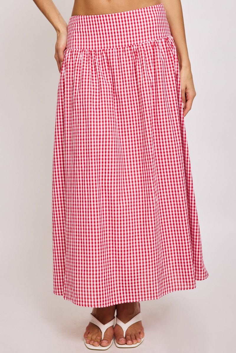 Red Check Maxi Skirt Drop Waist Shirred Back for Ally Fashion