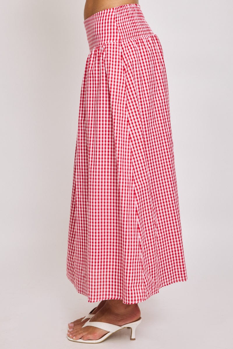 Red Check Maxi Skirt Drop Waist Shirred Back for Ally Fashion