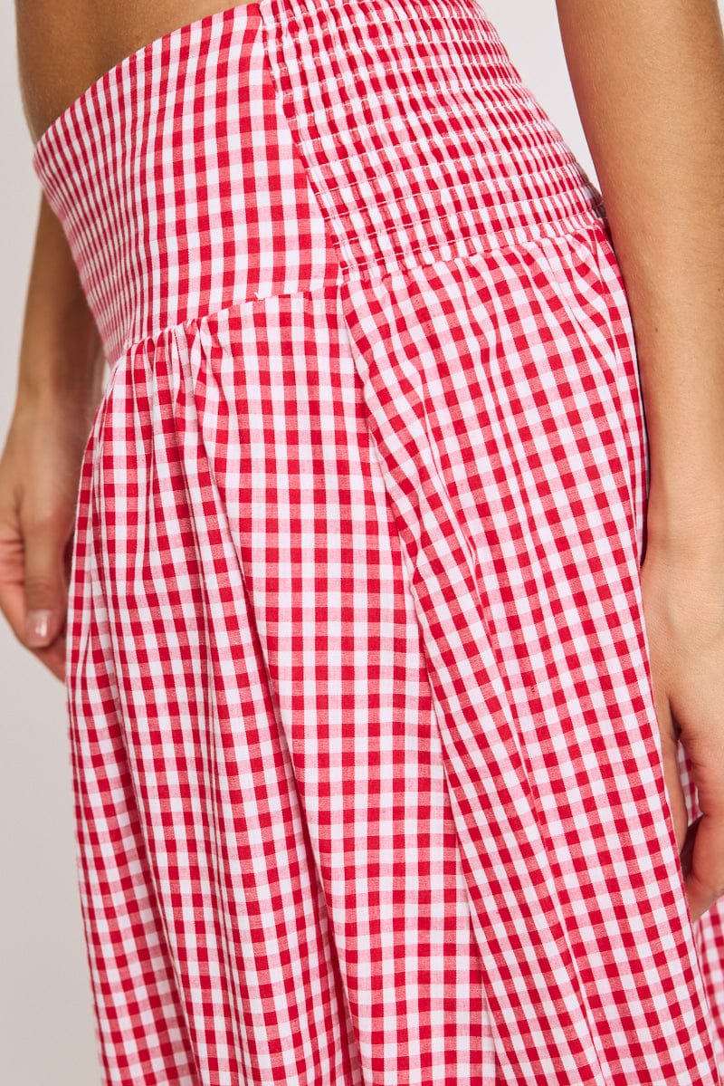 Red Check Maxi Skirt Drop Waist Shirred Back | Ally Fashion
