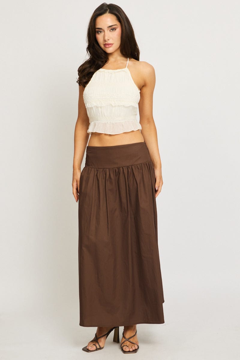 Brown Maxi Skirt Drop Waist Shirred Back for Ally Fashion