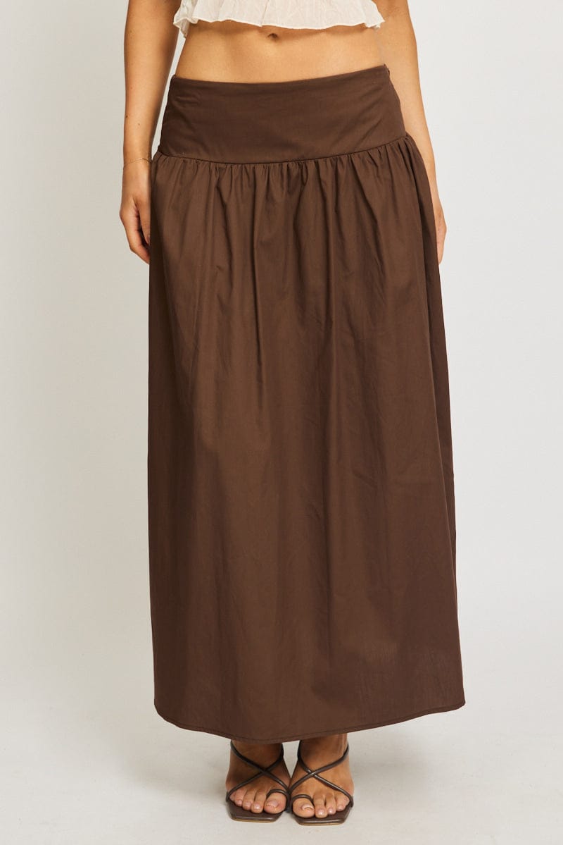Brown Maxi Skirt Drop Waist Shirred Back for Ally Fashion