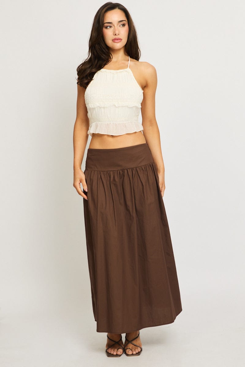 Brown Maxi Skirt Drop Waist Shirred Back for Ally Fashion