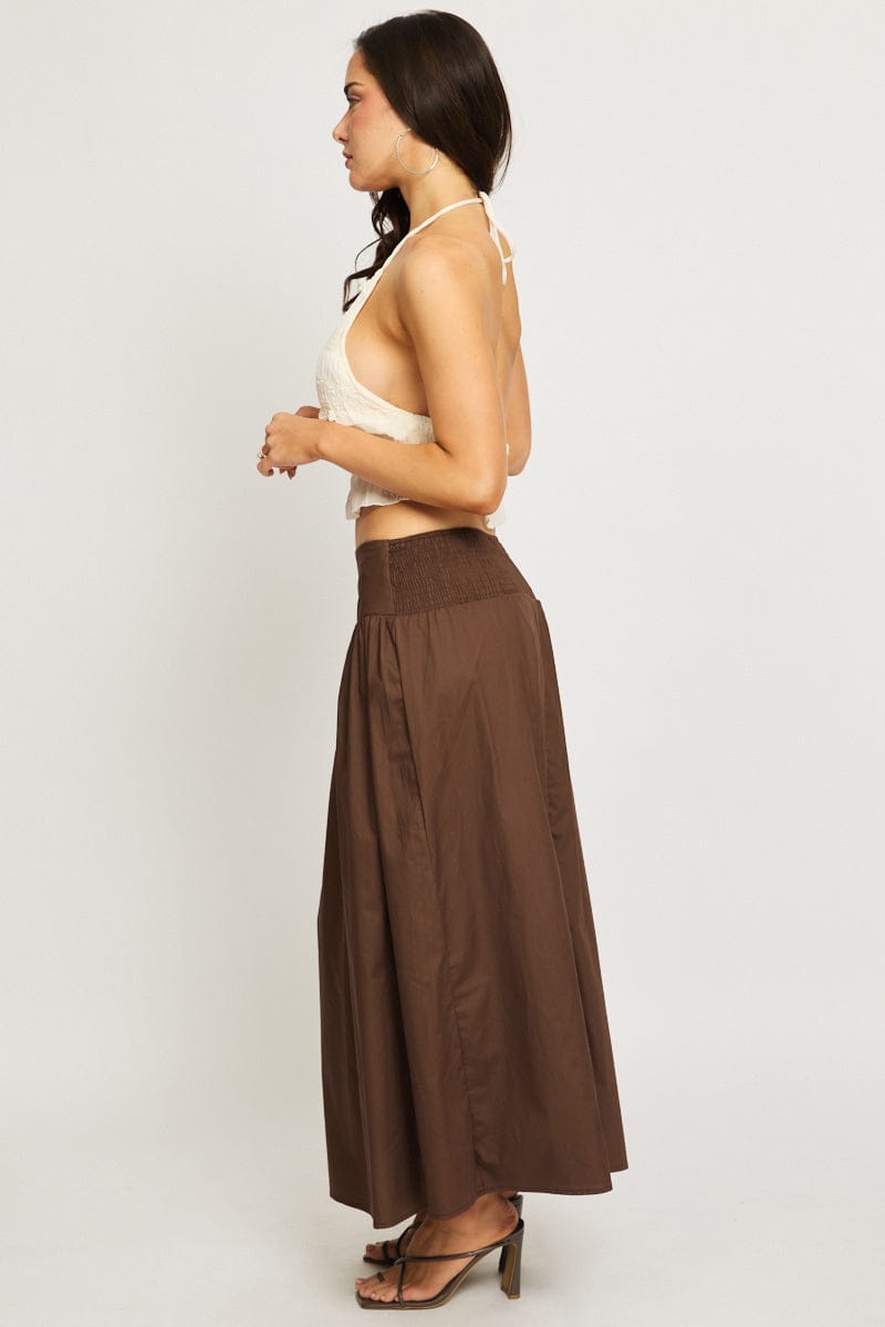 Brown Maxi Skirt Drop Waist Shirred Back for Ally Fashion