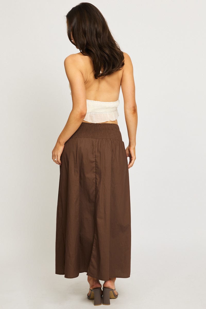 Brown Maxi Skirt Drop Waist Shirred Back for Ally Fashion